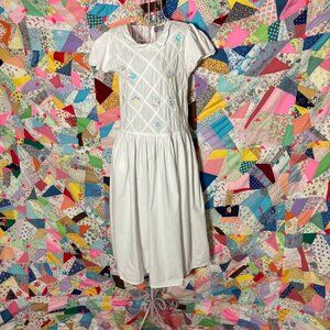 vintage 80s dress cottage core pastel floral embroidery pink white green | M |